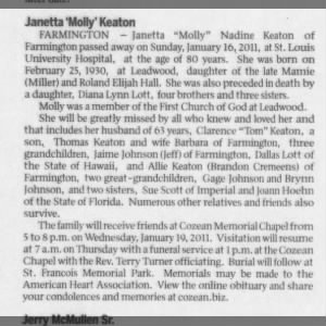 Obituary for Janetta Molly Keaton